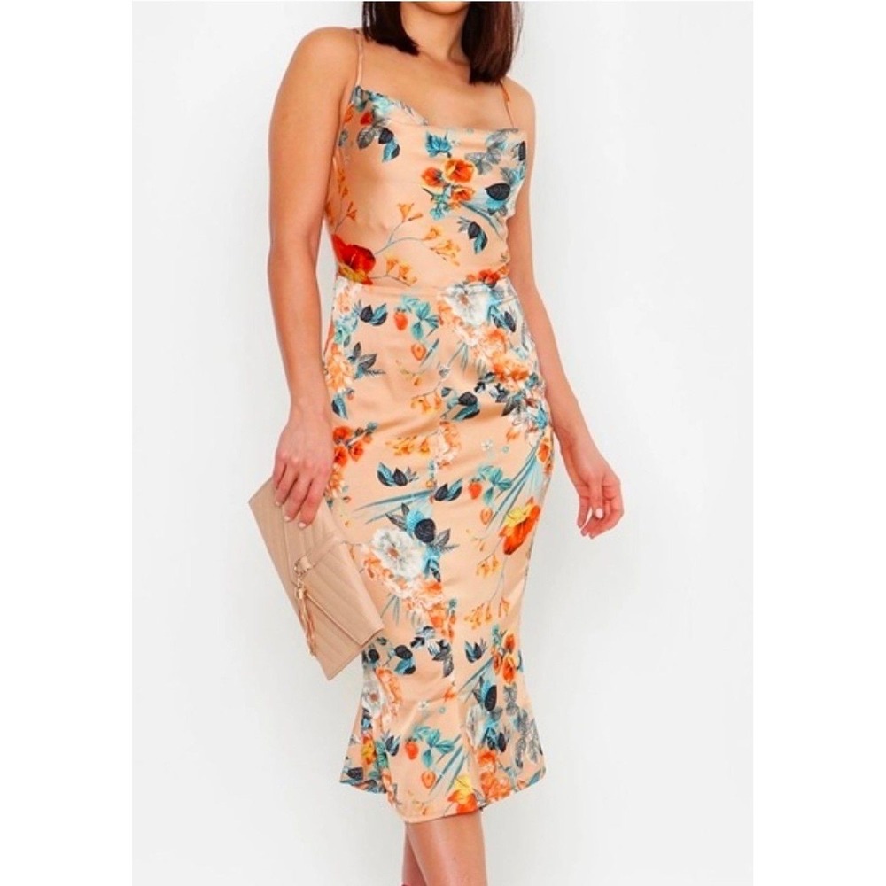 Coquette Y2k 90s Boohoo Floral Midi Dress Peach Orange Blue Size 14